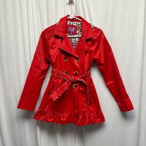 Pink Platinum Red Trench Raincoat Girls Size 14-16 Leopard Lining Ruffle Hem